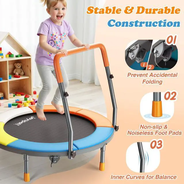 Alt view image 2 of 7 - 36-Inch Toddler Trampoline with Foam Handle, 3FT Foldable Mini Rebounder | ASTM & CPSIA Certified, KidsTrampoline with Adjustable Bar, 100 lbs Capacity, Quiet Elastic Bands, Indoor Outdoor & Ages 3-6
