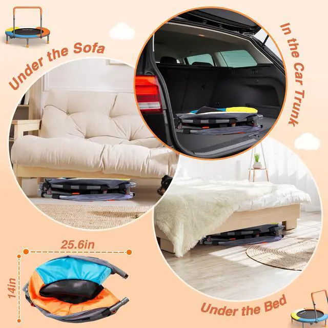 Alt view image 4 of 7 - 36-Inch Toddler Trampoline with Foam Handle, 3FT Foldable Mini Rebounder | ASTM & CPSIA Certified, KidsTrampoline with Adjustable Bar, 100 lbs Capacity, Quiet Elastic Bands, Indoor Outdoor & Ages 3-6