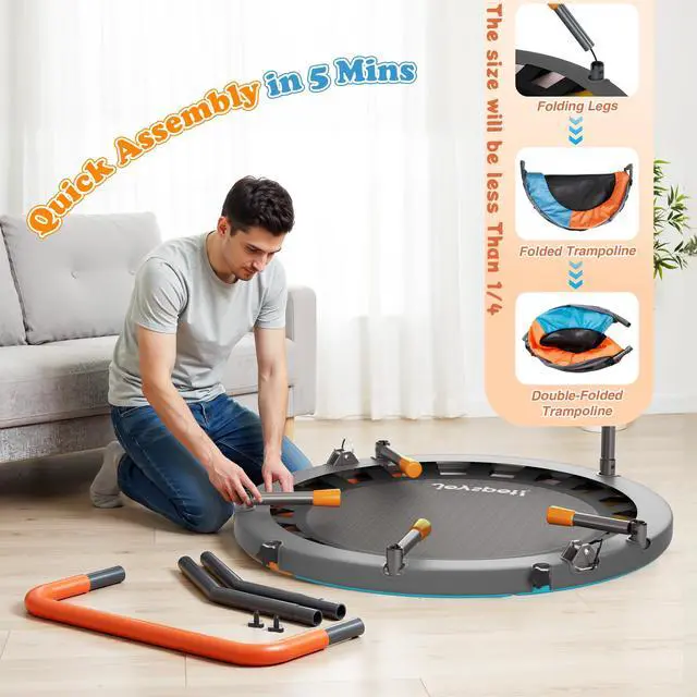 Alt view image 5 of 7 - 36-Inch Toddler Trampoline with Foam Handle, 3FT Foldable Mini Rebounder | ASTM & CPSIA Certified, KidsTrampoline with Adjustable Bar, 100 lbs Capacity, Quiet Elastic Bands, Indoor Outdoor & Ages 3-6