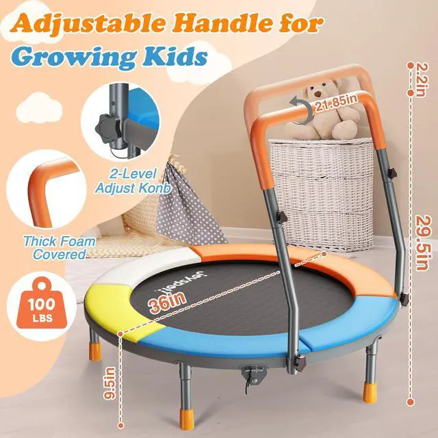 Alt view image 3 of 7 - 36-Inch Toddler Trampoline with Foam Handle, 3FT Foldable Mini Rebounder | ASTM & CPSIA Certified, KidsTrampoline with Adjustable Bar, 100 lbs Capacity, Quiet Elastic Bands, Indoor Outdoor & Ages 3-6