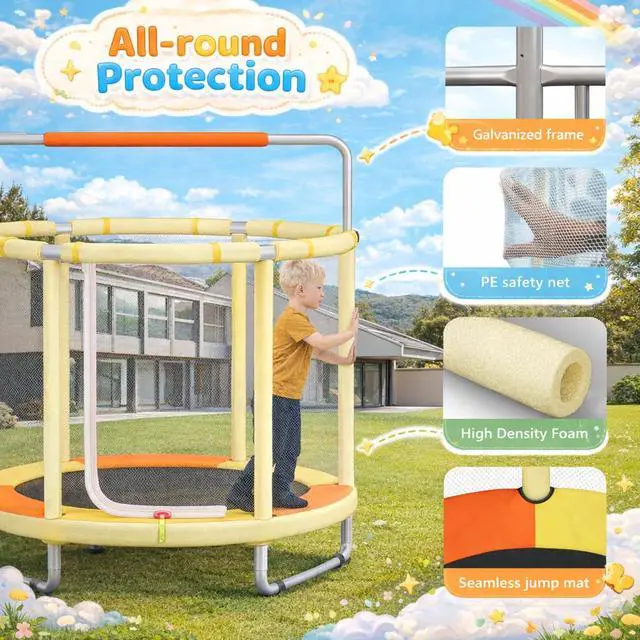 Alt view image 3 of 7 - 55" Trampoline for Kids with Enclosure, 4-in-1 Toddler Trampoline Indoor Outdoor, 440lbs Capacity Upgrade Trampolines with Adjustable Gymnastics Bar & Toys, for Boys & Girls, Easy to Assemble