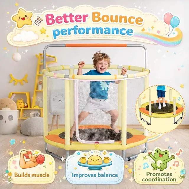 Alt view image 5 of 7 - 55" Trampoline for Kids with Enclosure, 4-in-1 Toddler Trampoline Indoor Outdoor, 440lbs Capacity Upgrade Trampolines with Adjustable Gymnastics Bar & Toys, for Boys & Girls, Easy to Assemble
