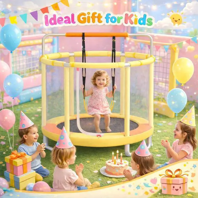 Alt view image 7 of 7 - 55" Trampoline for Kids with Enclosure, 4-in-1 Toddler Trampoline Indoor Outdoor, 440lbs Capacity Upgrade Trampolines with Adjustable Gymnastics Bar & Toys, for Boys & Girls, Easy to Assemble