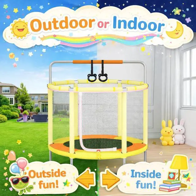 Alt view image 6 of 7 - 55" Trampoline for Kids with Enclosure, 4-in-1 Toddler Trampoline Indoor Outdoor, 440lbs Capacity Upgrade Trampolines with Adjustable Gymnastics Bar & Toys, for Boys & Girls, Easy to Assemble