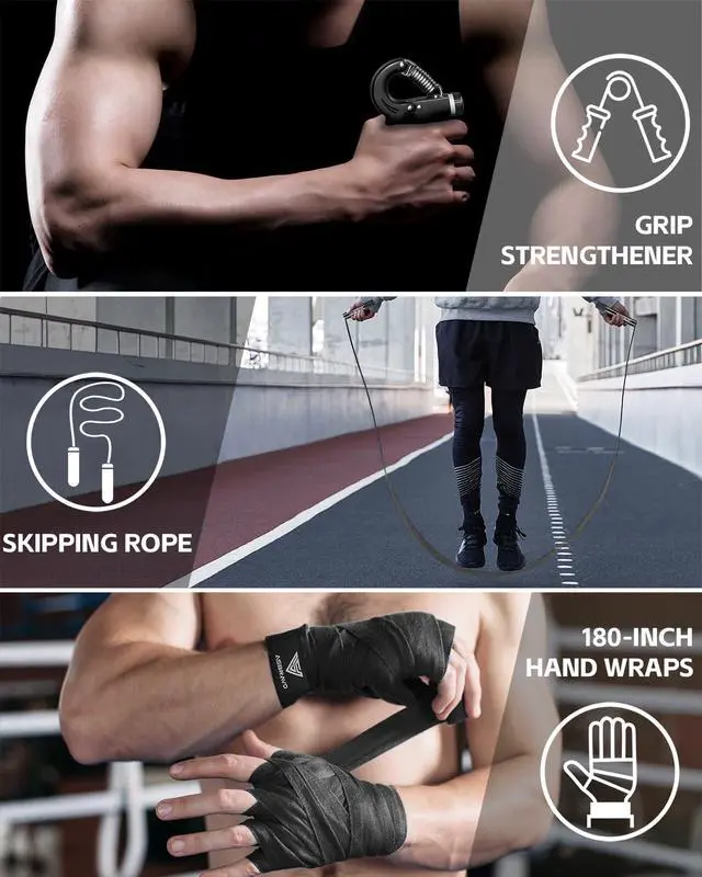 Alt view image 6 of 7 - 4ft PU Punching Bag Set for Adults with Gloves, Adjustable Weight | 12oz Boxing Gloves,180-Inch Hand Wraps, Jump Rope, Hand Gripper, Hanging Accessories, Home Gym Training - Unfilled