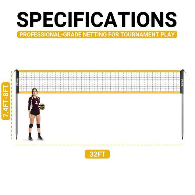 Alt view image 4 of 7 - Portable Volleyball Net for Backyard, 20/32 FT, Adjustable Height | Adjusts to 8, 7.8 and 7.4 FT; includes volleyball, pump, boundary line and carry bag for beach, grass and outdoor play