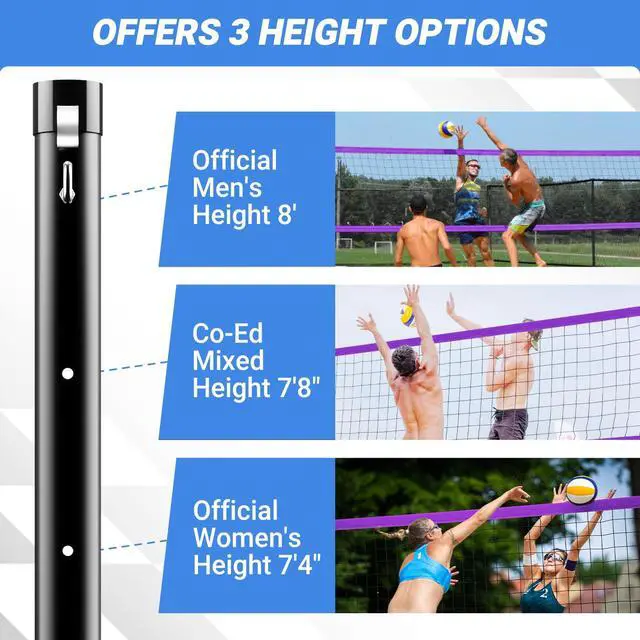 Alt view image 2 of 7 - Portable Volleyball Net for Backyard, 20/32 FT, Adjustable Height | Adjusts to 8, 7.8 and 7.4 FT; includes volleyball, pump, boundary line and carry bag for beach, grass and outdoor play