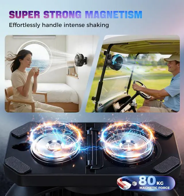 Alt view image 3 of 7 - 2-Pack Magnetic Golf Cart Fan, Camping Fan with Misting & LED Light, Rechargeable Portable Fan with 12000mAh Battery and Strong Magnet Base, 3-Speeds Battery Operated Fan for Golf Cart, Cruise Ship