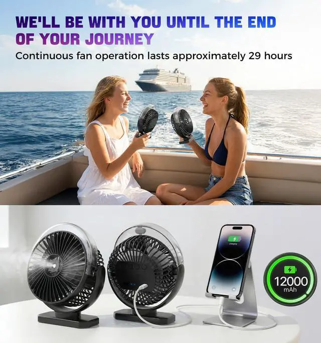Alt view image 5 of 7 - 2-Pack Magnetic Golf Cart Fan, Camping Fan with Misting & LED Light, Rechargeable Portable Fan with 12000mAh Battery and Strong Magnet Base, 3-Speeds Battery Operated Fan for Golf Cart, Cruise Ship