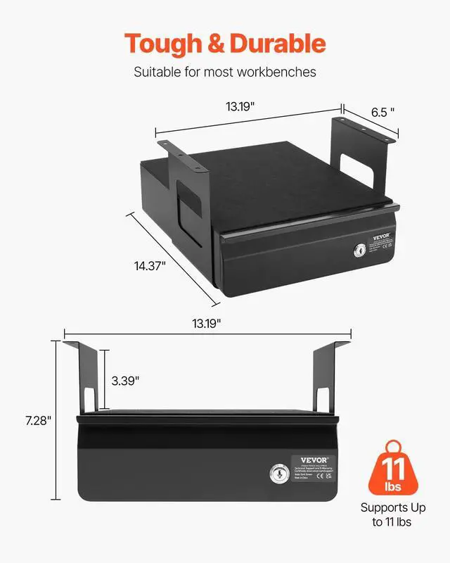 Alt view image 2 of 7 - Under Desk Lockable Slide Out Drawer, 13 inch Under Desk Pull-out Drawer for Sit Stand Workstation, Secure Under Counter Drawers for Home Office Storage Organizer, Black