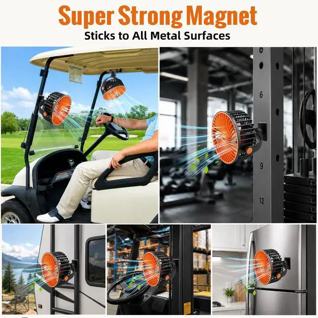 Alt view image 4 of 7 - Magnetic Golf Cart Fan with LED Light, 24+ Hours Long Runtime, Strong Airflow Rechargeable Fan with Ultra-strong Magnet, Portable Fan for Golf Cart, Gym and More, 2 PCS