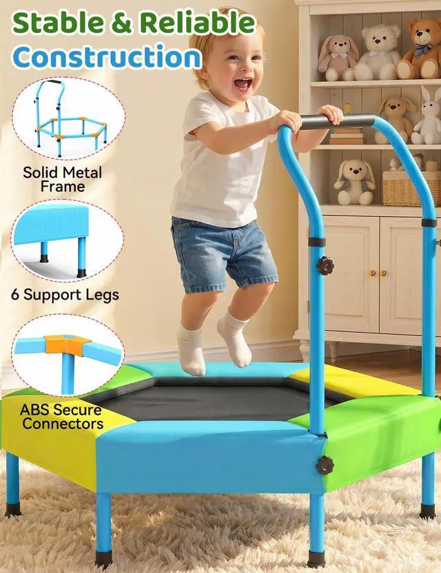 Alt view image 2 of 7 - Toddler Trampoline for Kids with Foam Handle, Anti-Tilt Frame & Thick Padded Spring Cover, Indoor Outdoor Mini Trampoline, Easy Assembly Active Play Toy Gift for Boys Girls