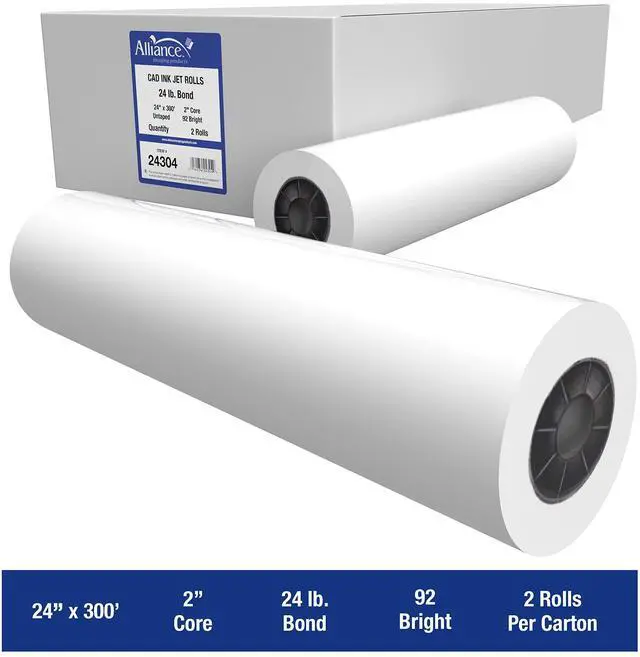 Alt view image 2 of 7 - Wide Format Paper 24 x 300 CAD Rolls 92 Bright, 24lb - 2 Rolls Per Carton - Ink Jet Bond Rolls with 2" Core