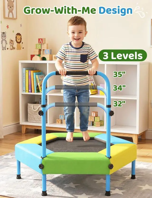 Alt view image 6 of 7 - Toddler Trampoline for Kids with Foam Handle, Anti-Tilt Frame & Thick Padded Spring Cover, Indoor Outdoor Mini Trampoline, Easy Assembly Active Play Toy Gift for Boys Girls