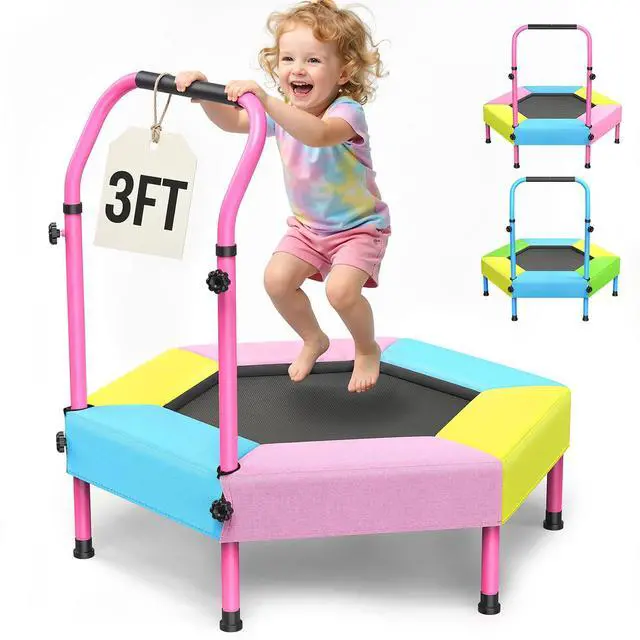 Main image of Toddler Trampoline for Kids with Foam Handle, Anti-Tilt Frame & Thick Padded Spring Cover, Indoor Outdoor Mini Trampoline, Easy Assembly Active Play Toy Gift for Boys Girls
