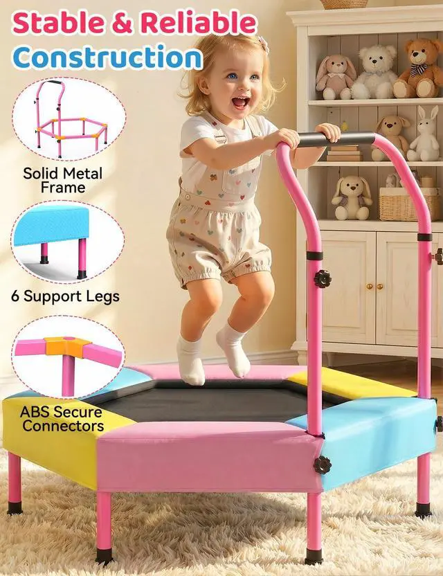 Alt view image 2 of 7 - Toddler Trampoline for Kids with Foam Handle, Anti-Tilt Frame & Thick Padded Spring Cover, Indoor Outdoor Mini Trampoline, Easy Assembly Active Play Toy Gift for Boys Girls