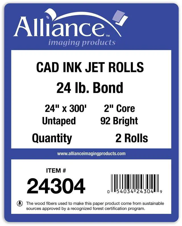 Alt view image 4 of 7 - Wide Format Paper 24 x 300 CAD Rolls 92 Bright, 24lb - 2 Rolls Per Carton - Ink Jet Bond Rolls with 2" Core