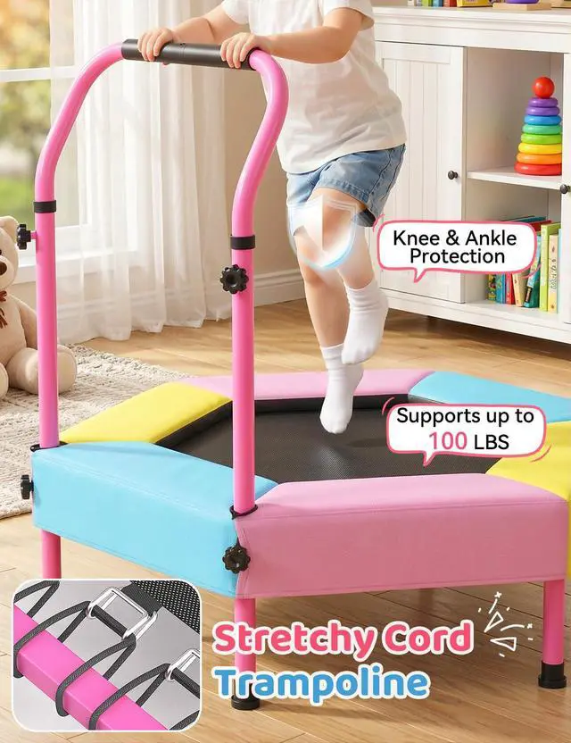 Alt view image 3 of 7 - Toddler Trampoline for Kids with Foam Handle, Anti-Tilt Frame & Thick Padded Spring Cover, Indoor Outdoor Mini Trampoline, Easy Assembly Active Play Toy Gift for Boys Girls