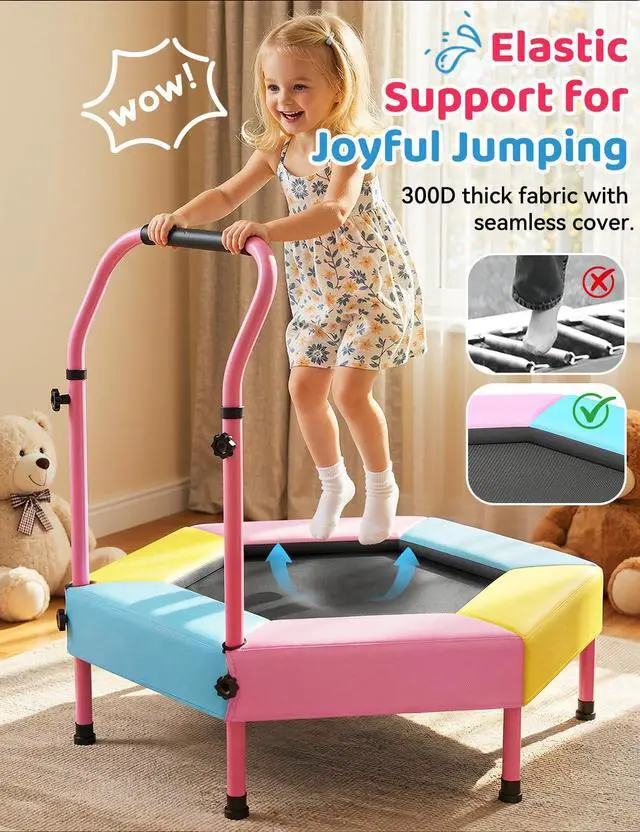Alt view image 4 of 7 - Toddler Trampoline for Kids with Foam Handle, Anti-Tilt Frame & Thick Padded Spring Cover, Indoor Outdoor Mini Trampoline, Easy Assembly Active Play Toy Gift for Boys Girls