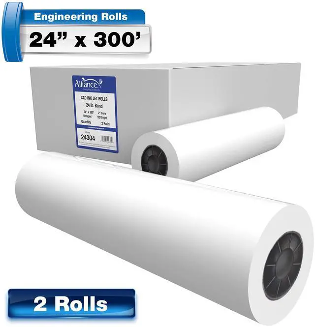 Alt view image 5 of 7 - Wide Format Paper 24 x 300 CAD Rolls 92 Bright, 24lb - 2 Rolls Per Carton - Ink Jet Bond Rolls with 2" Core
