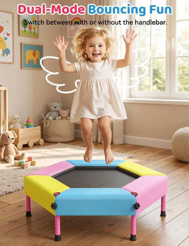 Alt view image 6 of 7 - Toddler Trampoline for Kids with Foam Handle, Anti-Tilt Frame & Thick Padded Spring Cover, Indoor Outdoor Mini Trampoline, Easy Assembly Active Play Toy Gift for Boys Girls
