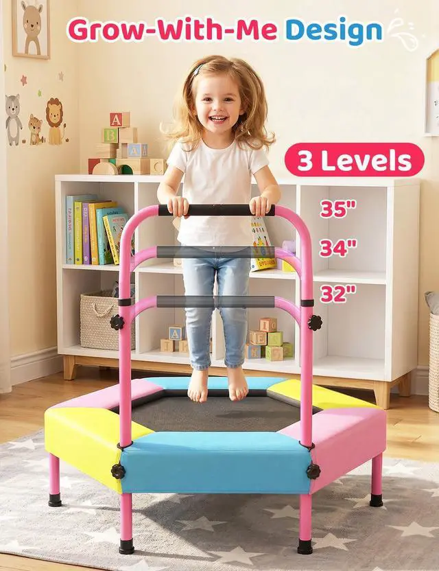 Alt view image 5 of 7 - Toddler Trampoline for Kids with Foam Handle, Anti-Tilt Frame & Thick Padded Spring Cover, Indoor Outdoor Mini Trampoline, Easy Assembly Active Play Toy Gift for Boys Girls