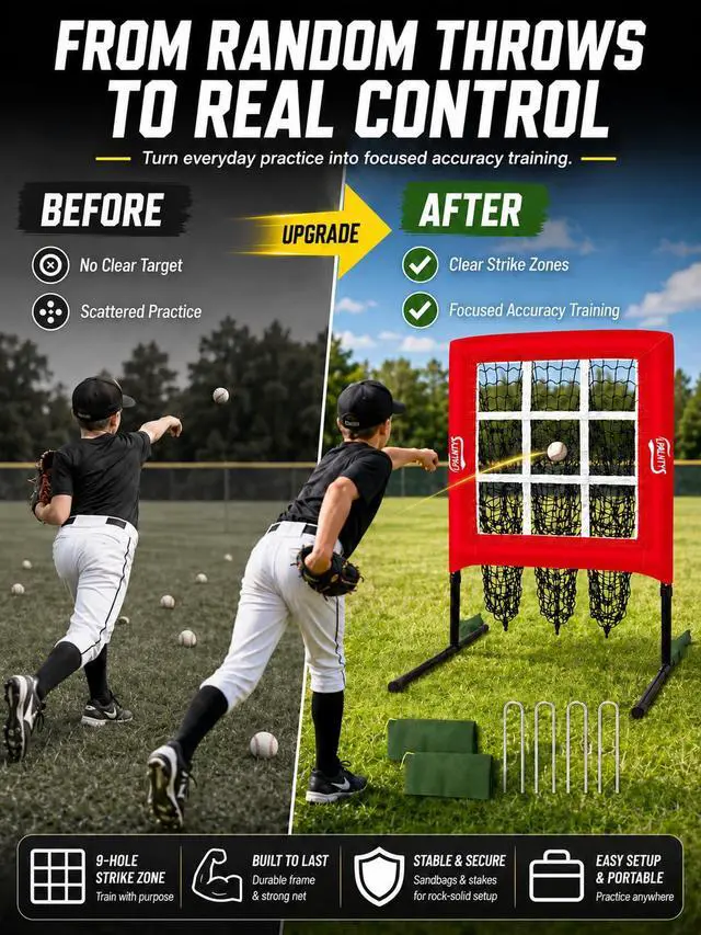 Alt view image 5 of 7 - 9 Hole Pitching Net with Strike Zone,Improve Baseball Softball Accuracy Training, Adjust Height to 45 Inches, Portable Set up, Indoor Outdoor Practice for Beginner and Professional