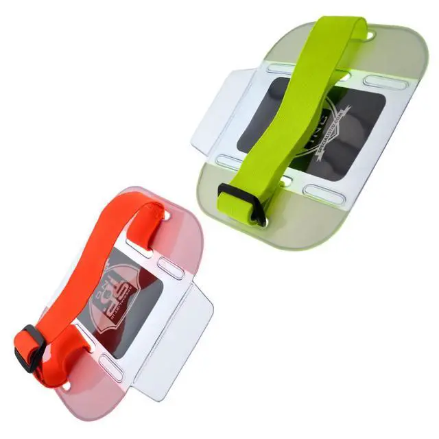 Alt view image 4 of 6 - 20 Pack - High Visibility Bright Neon Armband ID Card Badge Holders - Secure Top Loading with Adjustable Elastic Band - HI VIS Arm Bands for Work or Ski Passes by (Orange/Yellow)