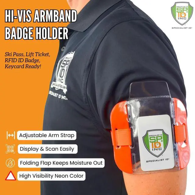 Alt view image 3 of 6 - 20 Pack - High Visibility Bright Neon Armband ID Card Badge Holders - Secure Top Loading with Adjustable Elastic Band - HI VIS Arm Bands for Work or Ski Passes by (Orange/Yellow)