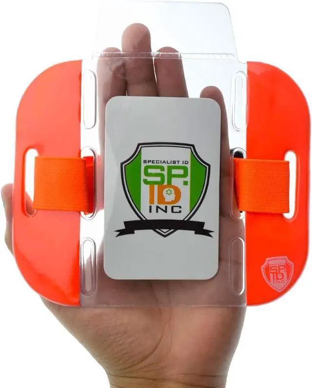 Alt view image 4 of 6 - 20 Pack - High Visibility Bright Neon Armband ID Card Badge Holders - Secure Top Loading with Adjustable Elastic Band - HI VIS Arm Bands for Work or Ski Passes by (Orange)