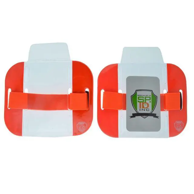Alt view image 6 of 6 - 20 Pack - High Visibility Bright Neon Armband ID Card Badge Holders - Secure Top Loading with Adjustable Elastic Band - HI VIS Arm Bands for Work or Ski Passes by (Orange)