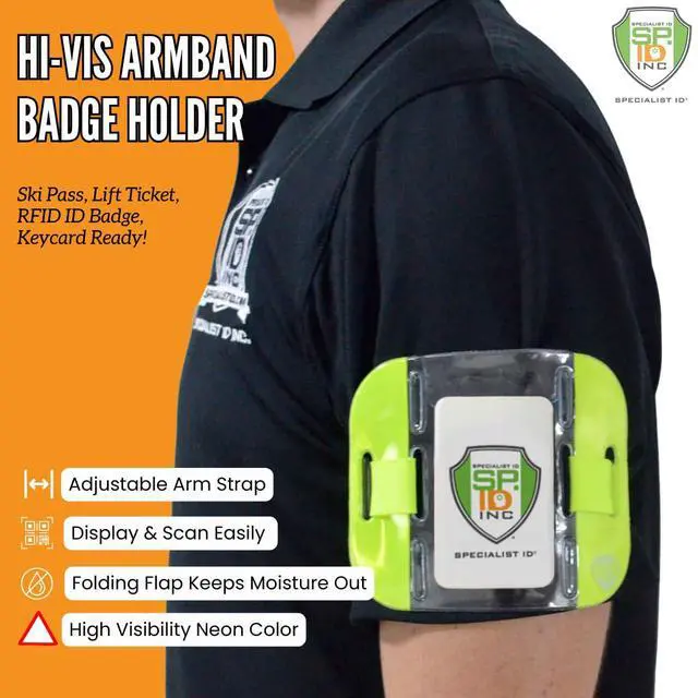 Alt view image 3 of 6 - 20 Pack - High Visibility Bright Neon Armband ID Card Badge Holders - Secure Top Loading with Adjustable Elastic Band - HI VIS Arm Bands for Work or Ski Passes by (Yellow)