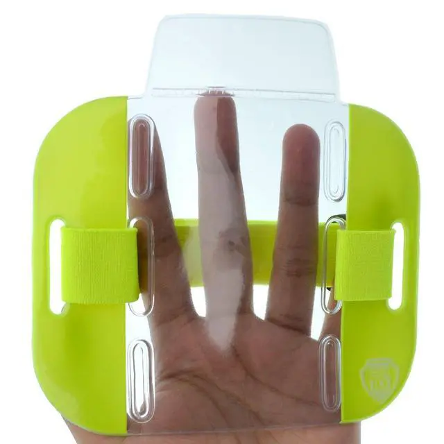 Alt view image 4 of 6 - 20 Pack - High Visibility Bright Neon Armband ID Card Badge Holders - Secure Top Loading with Adjustable Elastic Band - HI VIS Arm Bands for Work or Ski Passes by (Yellow)