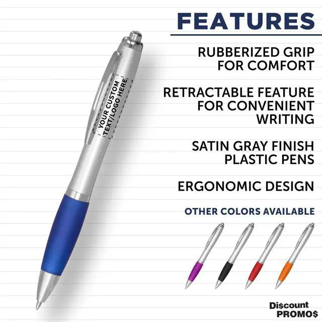 Alt view image 2 of 7 - Personalized Ballpoint Pens with Rubber Grip and Click Button, Pack of 100 by - Ergonomic Design, Ideal for Bulk Office Supplies & Trade Shows Blue
