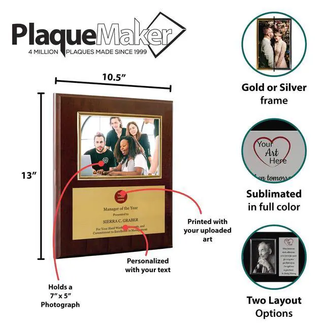 Alt view image 5 of 5 - Personalized Photo Plaque Add Your Custom Text and Artwork Comes w/a Silver or Gold Frame - Great for Manager on Duty Employee of the Month or Corporate Awards and Plaques (12 x 15" with 6x8" Frame)