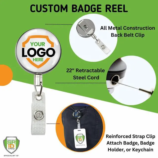 Alt view image 2 of 7 - Bulk 25 Pack - Heavy Duty Custom Badge Reel Photo or Logo - Large Metal Customized Badge Reel - Upload Your Graphics for a Personalized Retractable Badge Holder with I'd Clip by