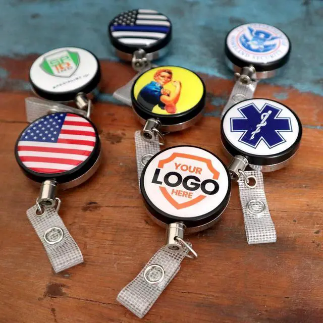 Alt view image 3 of 7 - Bulk 25 Pack - Heavy Duty Custom Badge Reel Photo or Logo - Large Metal Customized Badge Reel - Upload Your Graphics for a Personalized Retractable Badge Holder with I'd Clip by