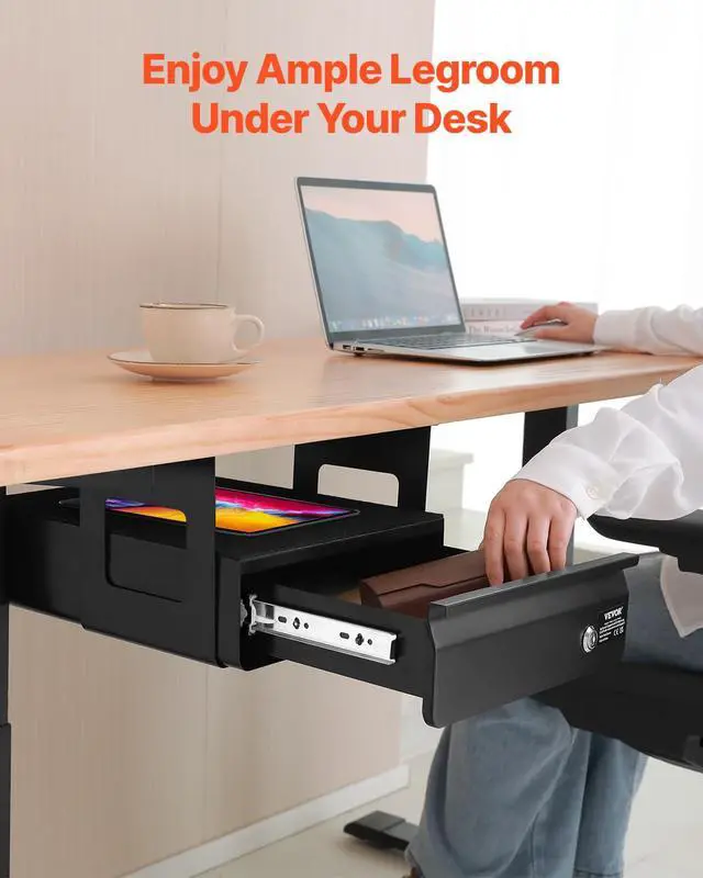 Alt view image 4 of 7 - Under Desk Lockable Slide Out Drawer, 13 inch Under Desk Pull-out Drawer for Sit Stand Workstation, Secure Under Counter Drawers for Home Office Storage Organizer, Black