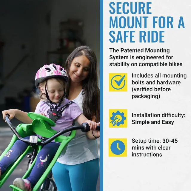 Alt view image 3 of 7 - Front Mounted Child Seat with Patented Mounting for Easy and Secure Installation - Childs Bike Seat with 3-Point Safety Harness and Adjustable Foot Cups - Durable Plastic Shell