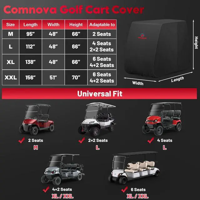 Alt view image 3 of 7 - Comnova Golf Cart Cover 2 Passenger - 600D Waterproof Golf Carts Enclosure with Zipper, Windproof & UV Resistant, Outdoor Golf Cart Cover Universal Fit EZGO, Club Car, Yamaha up to 95"L x 48"W x 66"H