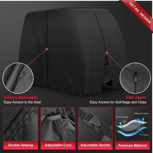 Alt view image 4 of 7 - Comnova Golf Cart Cover 2 Passenger - 600D Waterproof Golf Carts Enclosure with Zipper, Windproof & UV Resistant, Outdoor Golf Cart Cover Universal Fit EZGO, Club Car, Yamaha up to 95"L x 48"W x 66"H