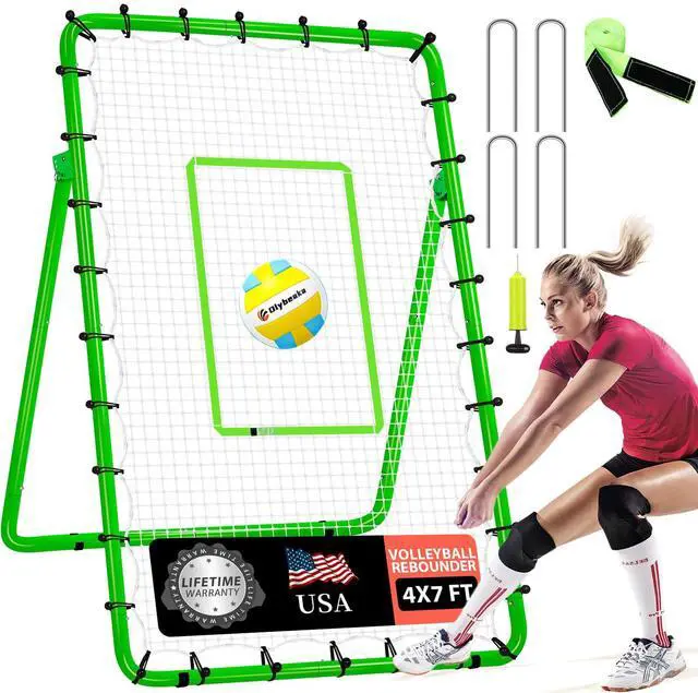 Main image of 6-Angle Adjustable Volleyball Rebounder Net 7x4ft, High Stable Bounce Back Training Equipment for Practicing Volleying Bumping Spiking with High-Tension Net, PU Volleyball and Pump, Stakes