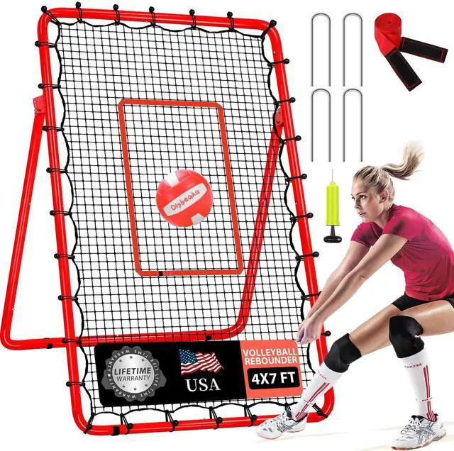 Main image of 6-Angle Adjustable Volleyball Rebounder Net 7x4ft, High Stable Bounce Back Training Equipment for Practicing Volleying Bumping Spiking with High-Tension Net, PU Volleyball and Pump, Stakes