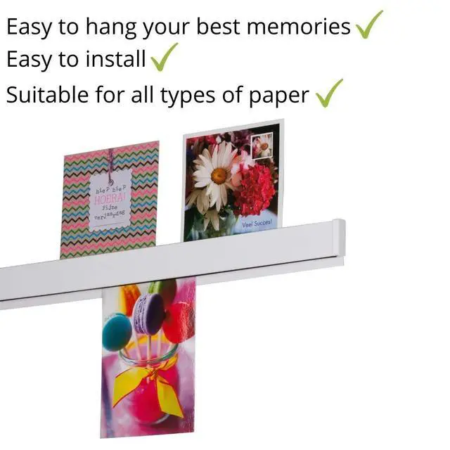 Alt view image 3 of 4 - STAS Papergrip - Hanging Pictures Without Nails - Artwork Display - Paper/Magazine Holder for Wall - White Bulletin Bar 59 inch (150cm) - Photo Rail System Kids Art Display for Wall
