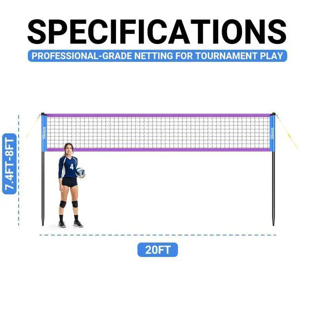 Alt view image 6 of 7 - Portable Volleyball Net for Backyard, 20/32 FT, Adjustable Height | Adjusts to 8, 7.8 and 7.4 FT; includes volleyball, pump, boundary line and carry bag for beach, grass and outdoor play