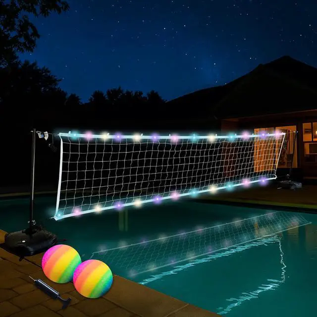 Main image of Pool Volleyball Net Set with LED Lights,Volleyball Net with Weighted Bases and Adjustable 15ft-42ft Length for Inground Pools,Portable Water Volleyball Game with 2 Balls & Pump for Pool Entertainment