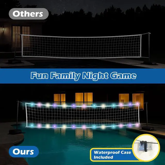 Alt view image 3 of 6 - Pool Volleyball Net Set with LED Lights,Volleyball Net with Weighted Bases and Adjustable 15ft-42ft Length for Inground Pools,Portable Water Volleyball Game with 2 Balls & Pump for Pool Entertainment