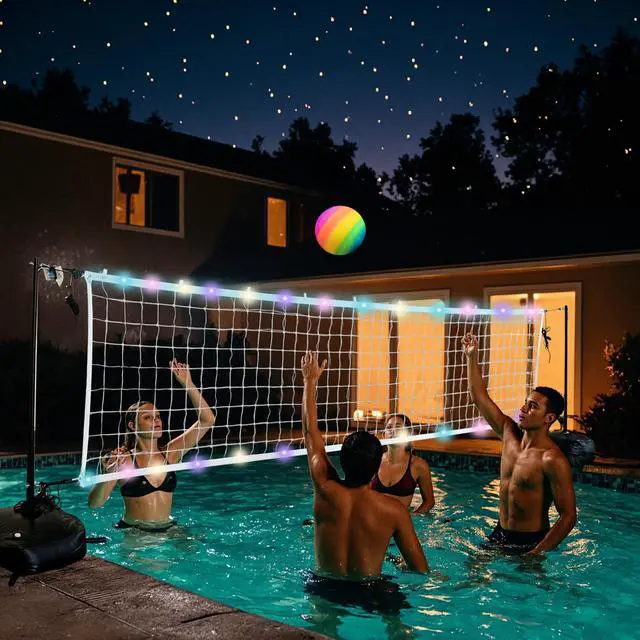 Alt view image 6 of 6 - Pool Volleyball Net Set with LED Lights,Volleyball Net with Weighted Bases and Adjustable 15ft-42ft Length for Inground Pools,Portable Water Volleyball Game with 2 Balls & Pump for Pool Entertainment