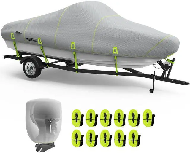 Main image of 14 ft Boat Cover 1200D Trailerable Waterproof Bass Boat Cover | Fits 14-15.8 ft V-Hull Fish & Ski Runabout Boats, Heavy Duty Design, Reflective Strips, Storage Bag, Up To 68" Wide