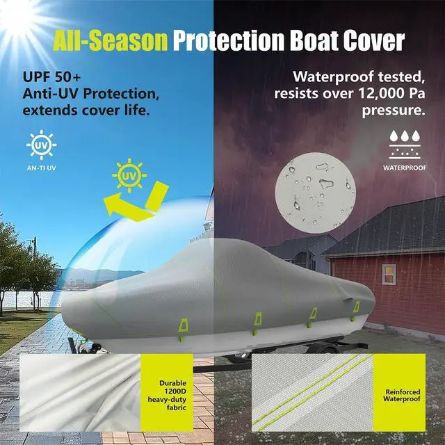 Alt view image 3 of 7 - 14 ft Boat Cover 1200D Trailerable Waterproof Bass Boat Cover | Fits 14-15.8 ft V-Hull Fish & Ski Runabout Boats, Heavy Duty Design, Reflective Strips, Storage Bag, Up To 68" Wide